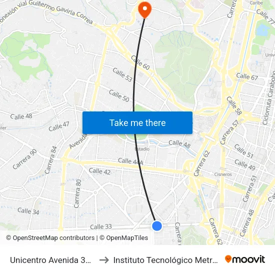 Unicentro Avenida 33, 65c1-65c199 to Instituto Tecnológico Metropolitano Robledo map