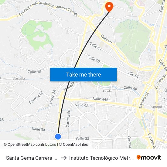 Santa Gema Carrera 81, 33a1-33a59 to Instituto Tecnológico Metropolitano Robledo map