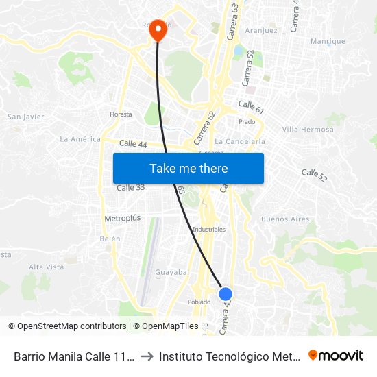 Barrio Manila Calle 11, 43b20-43b104 to Instituto Tecnológico Metropolitano Robledo map
