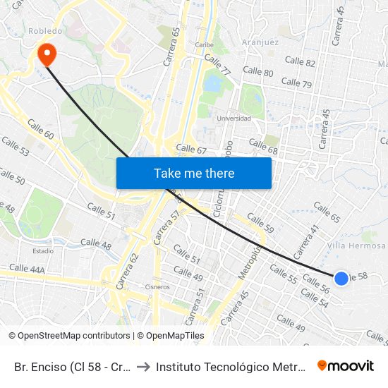 Br. Enciso (Cl 58 - Cr 32, Medellín) to Instituto Tecnológico Metropolitano Robledo map