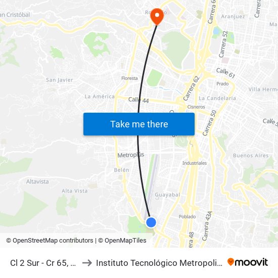 Cl 2 Sur - Cr 65, Medellín to Instituto Tecnológico Metropolitano Robledo map