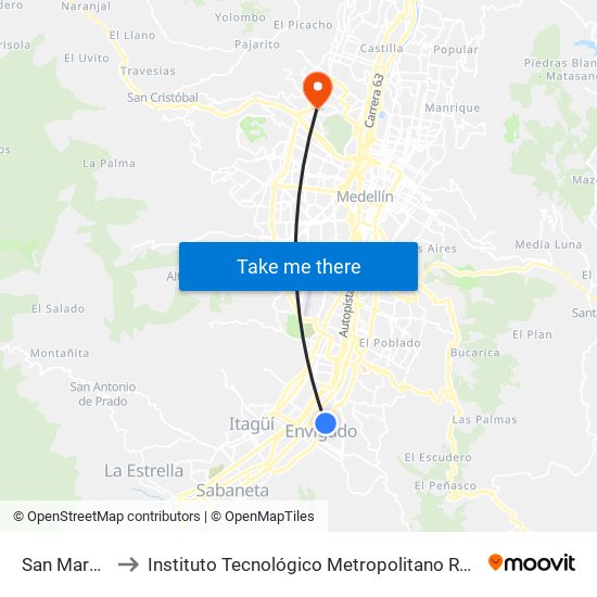 San Marcos to Instituto Tecnológico Metropolitano Robledo map