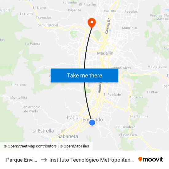 Parque Envigado to Instituto Tecnológico Metropolitano Robledo map