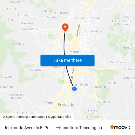 Inexmoda Avenida El Poblado, 9 Sur42-9 Sur214 to Instituto Tecnológico Metropolitano Robledo map