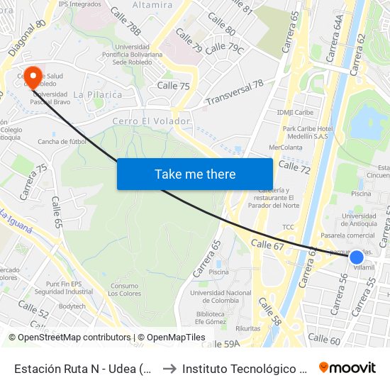 Estación Ruta N - Udea (Cl 67 - Cr 55ab, Medellín) to Instituto Tecnológico Metropolitano Robledo map