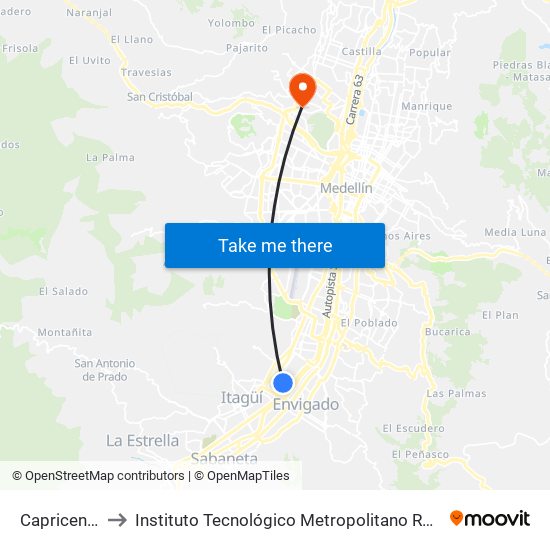 Capricentro to Instituto Tecnológico Metropolitano Robledo map