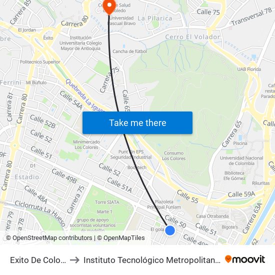 Exito De Colombia to Instituto Tecnológico Metropolitano Robledo map