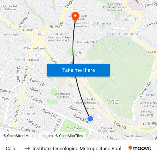 Calle 52 to Instituto Tecnológico Metropolitano Robledo map