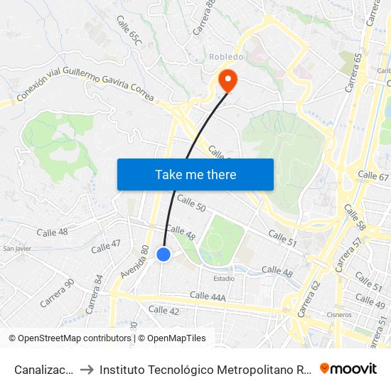 Canalización to Instituto Tecnológico Metropolitano Robledo map