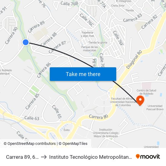 Carrera 89, 66-97 to Instituto Tecnológico Metropolitano Robledo map