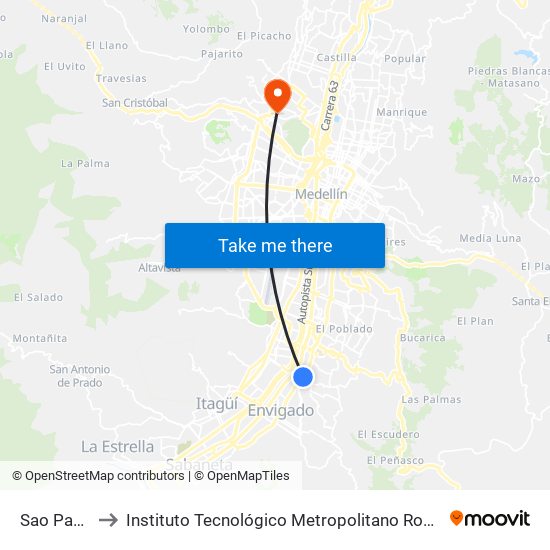 Sao Paulo to Instituto Tecnológico Metropolitano Robledo map