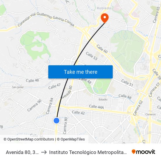 Avenida 80, 37d24 to Instituto Tecnológico Metropolitano Robledo map