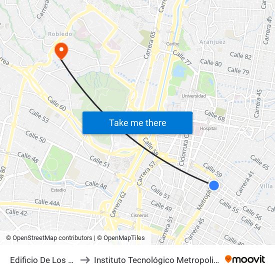 Edificio De Los Espejos to Instituto Tecnológico Metropolitano Robledo map