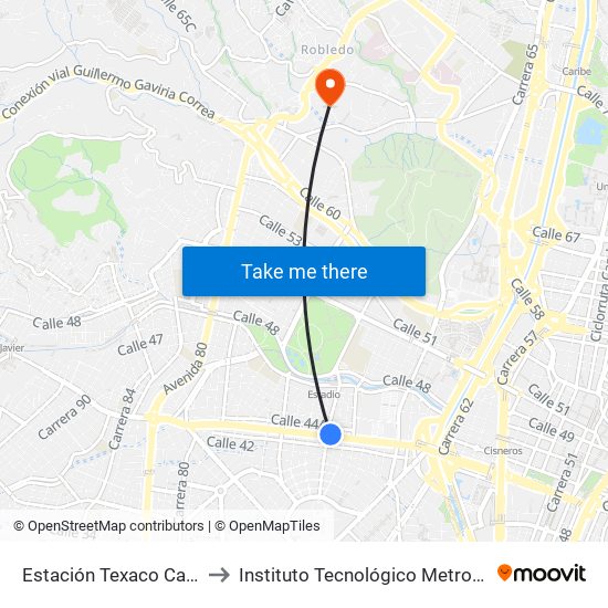 Estación Texaco Calle 44, 70-78 to Instituto Tecnológico Metropolitano Robledo map