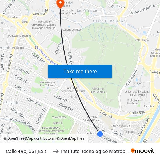 Calle 49b, 661,Exito Colombia to Instituto Tecnológico Metropolitano Robledo map