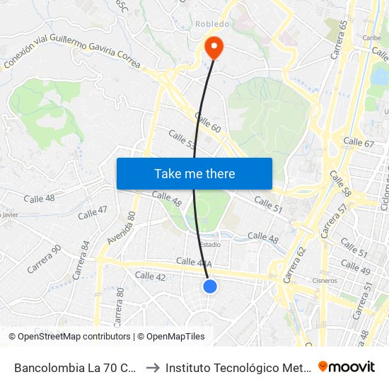 Bancolombia La 70 Carrera 70, 51-551 to Instituto Tecnológico Metropolitano Robledo map