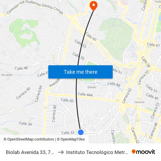 Biolab Avenida 33, 74b118-74b220 to Instituto Tecnológico Metropolitano Robledo map
