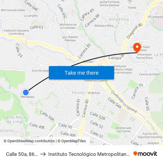 Calle 50a, 86-450 to Instituto Tecnológico Metropolitano Robledo map