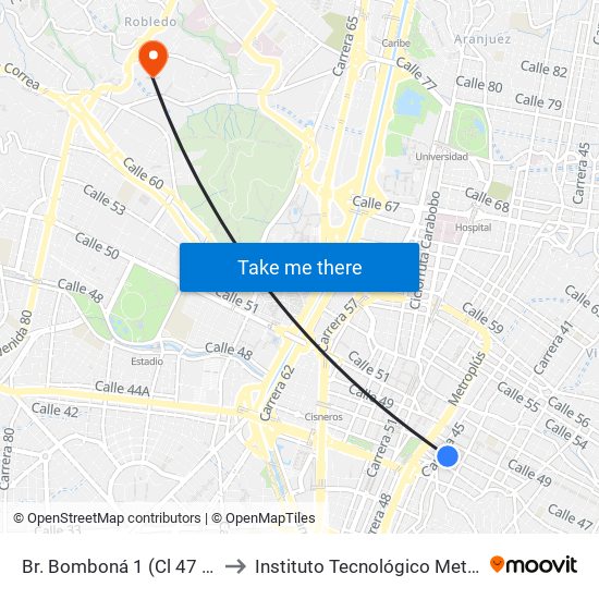 Br. Bomboná 1 (Cl 47 - Cr 43, Medellín) to Instituto Tecnológico Metropolitano Robledo map