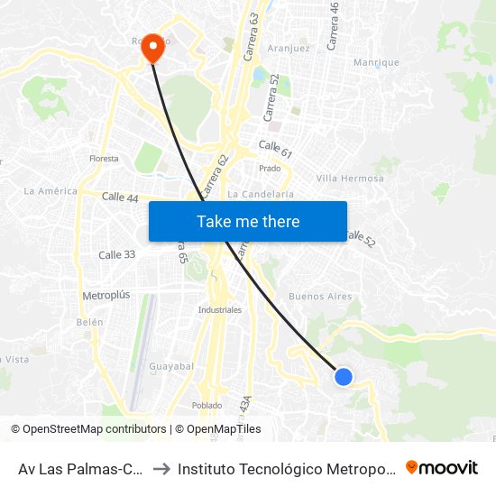 Av Las Palmas-Chuscalito to Instituto Tecnológico Metropolitano Robledo map