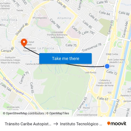 Tránsito Caribe Autopista Norte, 72116-72126 to Instituto Tecnológico Metropolitano Robledo map