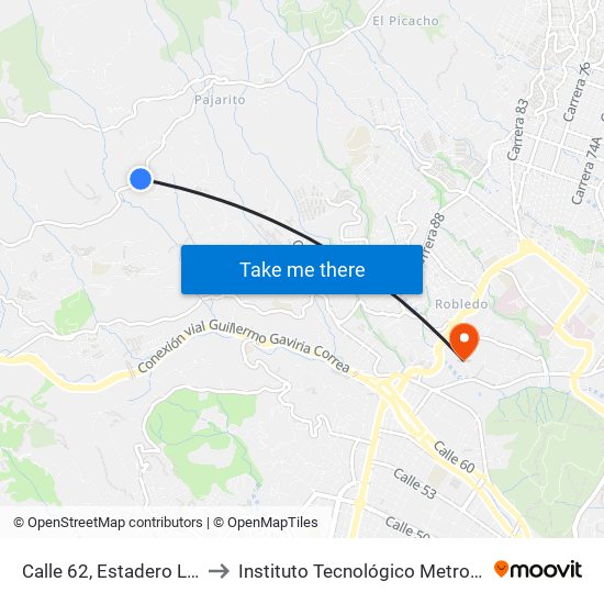 Calle 62, Estadero Las Hamacas to Instituto Tecnológico Metropolitano Robledo map