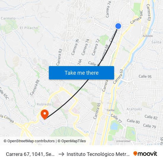 Carrera 67, 1041, Sena De Pedregal to Instituto Tecnológico Metropolitano Robledo map