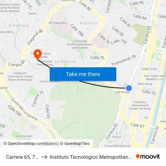 Carrera 65, 71158 to Instituto Tecnológico Metropolitano Robledo map