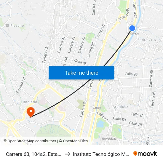 Carrera 63, 104a2, Estación Acevedo Buses to Instituto Tecnológico Metropolitano Robledo map