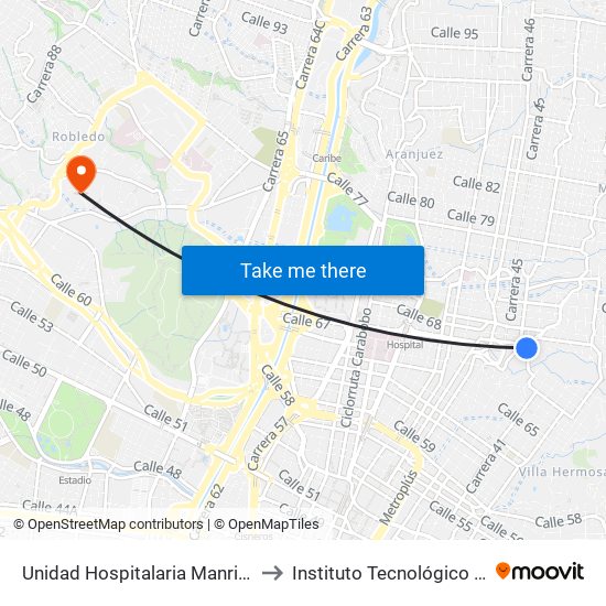 Unidad Hospitalaria Manrique (Cl 67 - Cr 43, Medellín) to Instituto Tecnológico Metropolitano Robledo map
