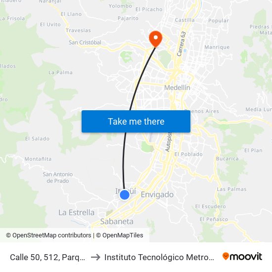 Calle 50, 512, Parque De Itagüí to Instituto Tecnológico Metropolitano Robledo map