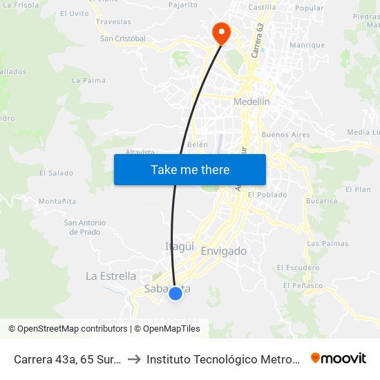 Carrera 43a, 65 Sur, La Vaquita to Instituto Tecnológico Metropolitano Robledo map