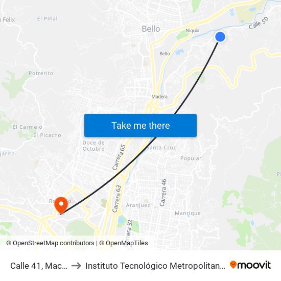 Calle 41, Machado to Instituto Tecnológico Metropolitano Robledo map