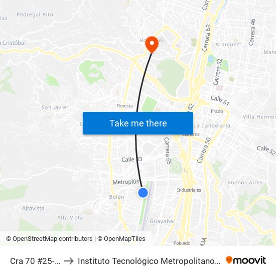 Cra 70 #25-141 to Instituto Tecnológico Metropolitano Robledo map