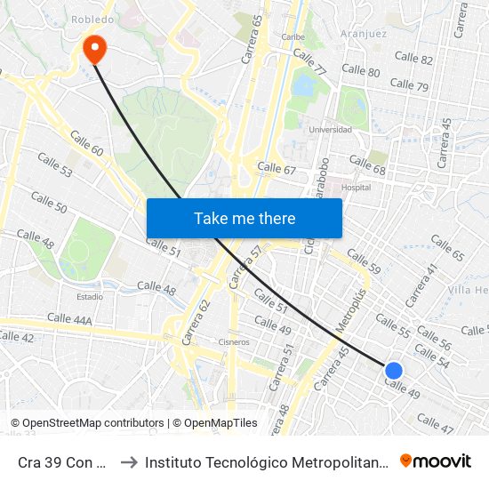 Cra 39 Con Cll 50 to Instituto Tecnológico Metropolitano Robledo map