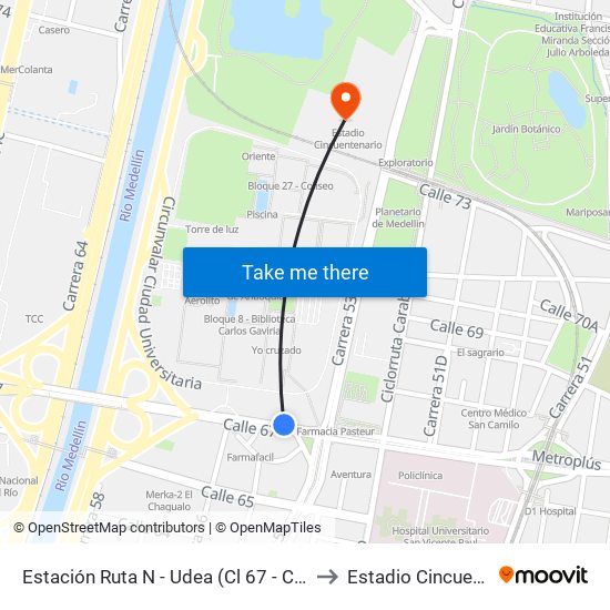 Estación Ruta N - Udea (Cl 67 - Cr 55, Medellín) to Estadio Cincuentenario map