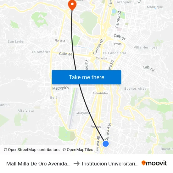 Mall Milla De Oro Avenida El Poblado, 1a Sur246-1a Sur274 to Institución Universitaria Colegio Mayor De Antioquia map