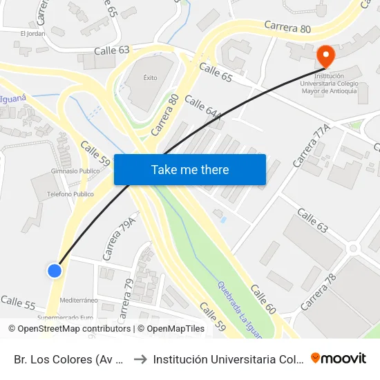 Br. Los Colores (Av 80 - Cl 55, Medellín) to Institución Universitaria Colegio Mayor De Antioquia map