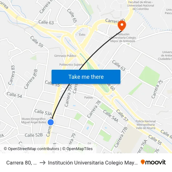 Carrera 80, 52b95 to Institución Universitaria Colegio Mayor De Antioquia map