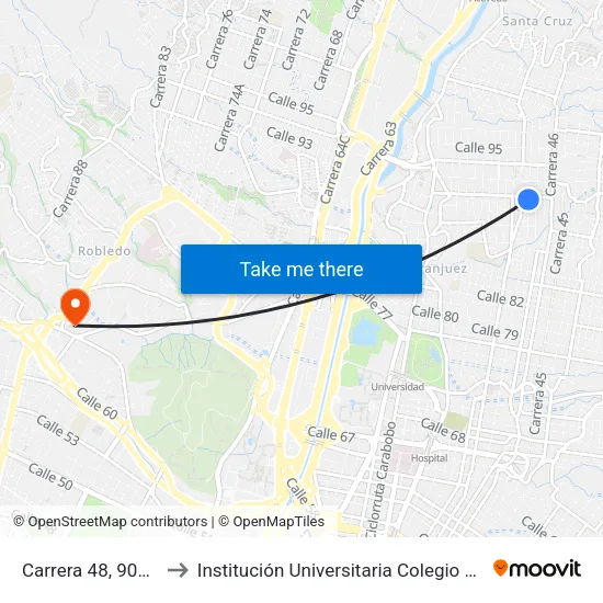 Carrera 48, 90102-90238 to Institución Universitaria Colegio Mayor De Antioquia map