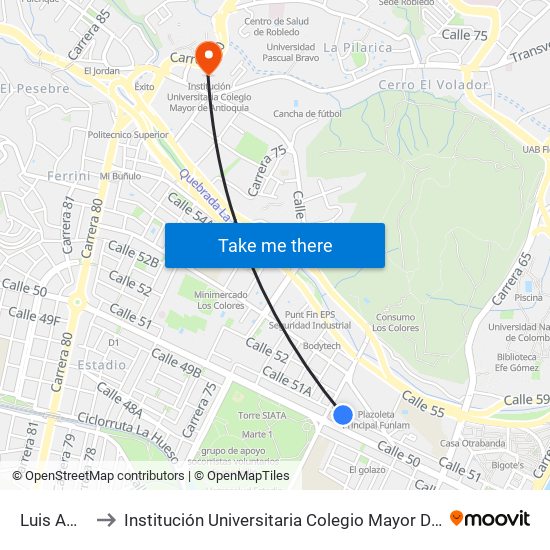 Luis Amigó to Institución Universitaria Colegio Mayor De Antioquia map