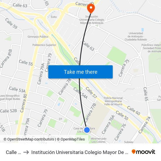 Calle 53 to Institución Universitaria Colegio Mayor De Antioquia map