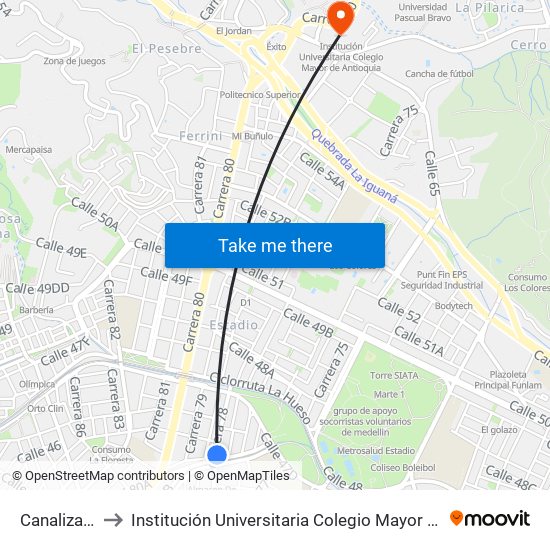 Canalización to Institución Universitaria Colegio Mayor De Antioquia map