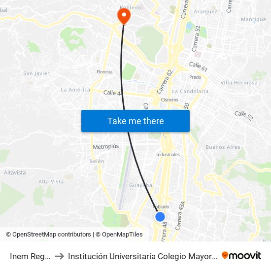 Inem Regional to Institución Universitaria Colegio Mayor De Antioquia map