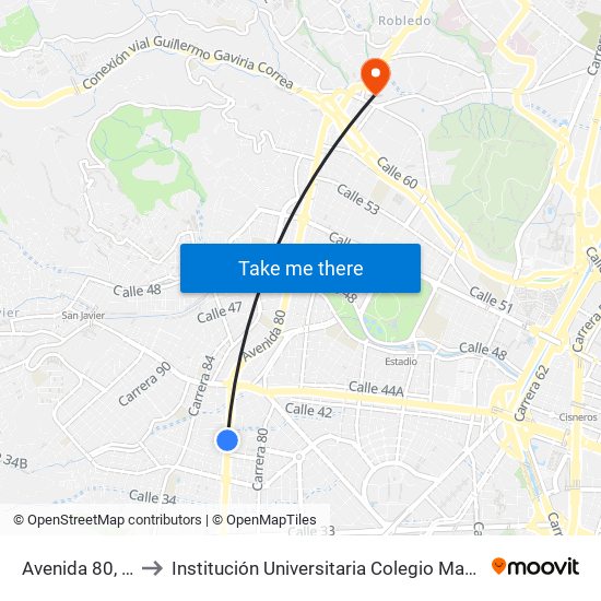 Avenida 80, 37d24 to Institución Universitaria Colegio Mayor De Antioquia map
