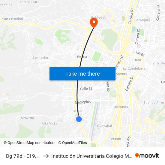 Dg 79d - Cl 9, Medellín to Institución Universitaria Colegio Mayor De Antioquia map