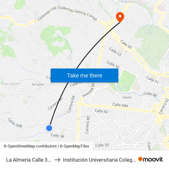 La Almería Calle 35, 85d2-85d66 to Institución Universitaria Colegio Mayor De Antioquia map