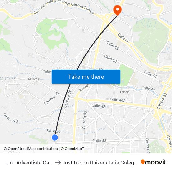 Uni. Adventista Carrera 84, 3337 to Institución Universitaria Colegio Mayor De Antioquia map