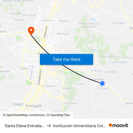 Santa Elena-Entrada Vereda Pantanillo to Institución Universitaria Colegio Mayor De Antioquia map