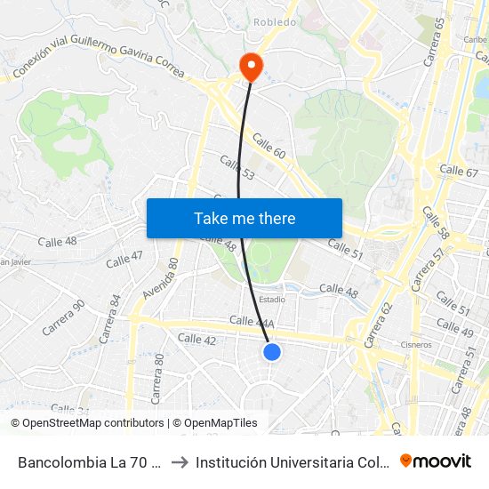 Bancolombia La 70 Carrera 70, 51-551 to Institución Universitaria Colegio Mayor De Antioquia map